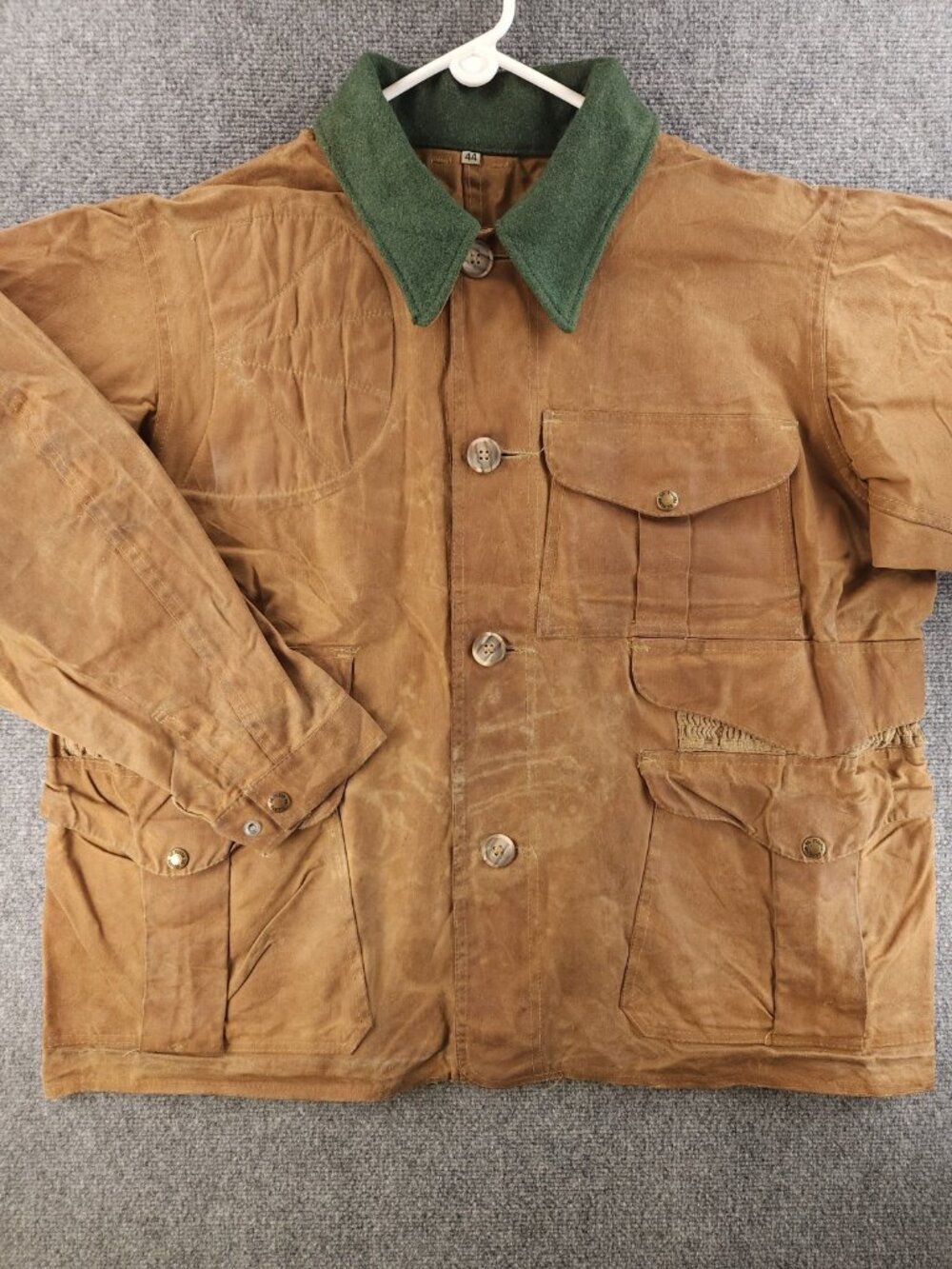 VTG CC Filson Waxed Canvas Jacket Wool Collar Size 44 Hunting Brown Pockets